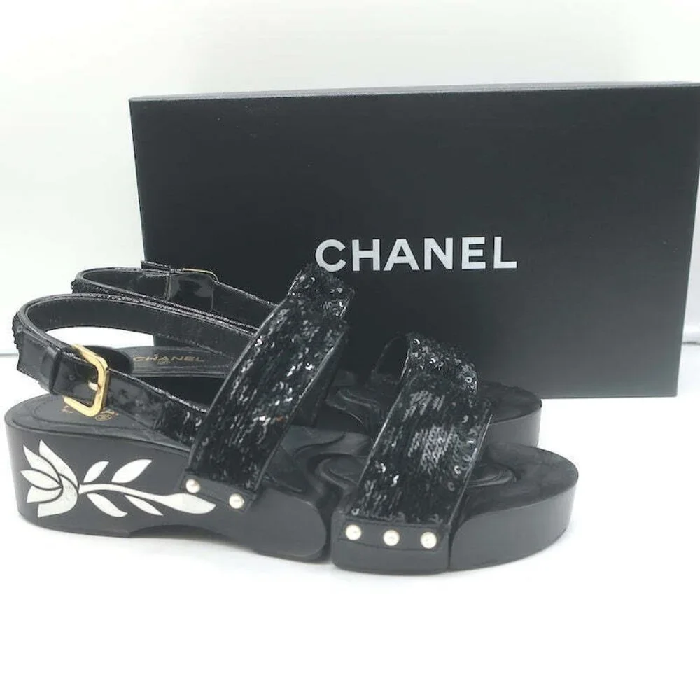 Chanel 16C Sequin Slingback Sandals Black Size 38.5